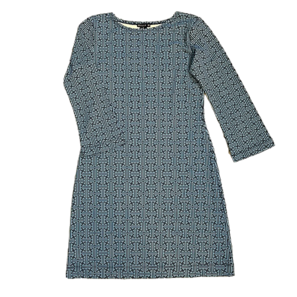 Melly M Greek Key navy and pale blue 3/4 sleeve shift dress, size S.